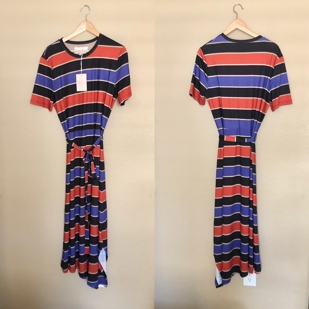 NWT Charles Henry Stripe Belted Asymmetrical dress - Picture 2 of 3
